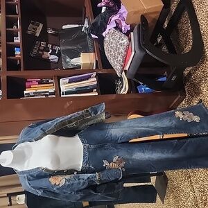 Vintage 2 piece denim patchwork & velvet trim Flare Jean and Jacket